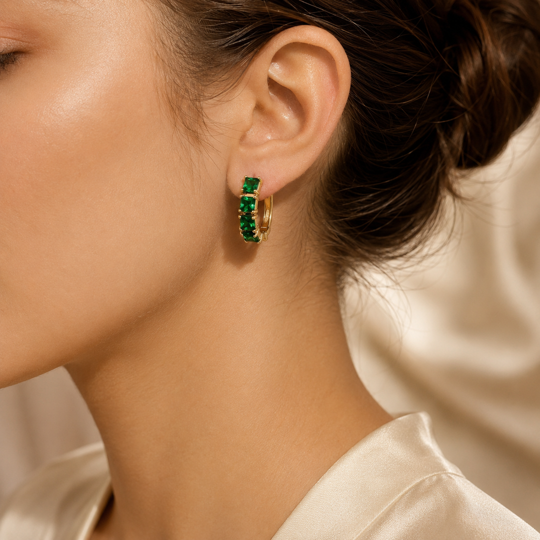 Gold Emerald Chunky Hoop Earrings | Amelia