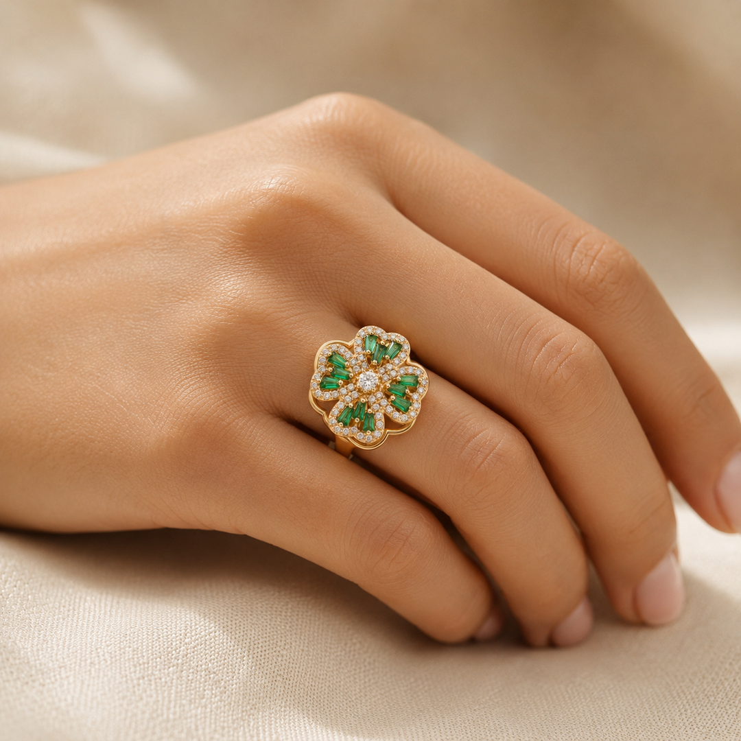 Gold Emerald Floral Ring | Amelia