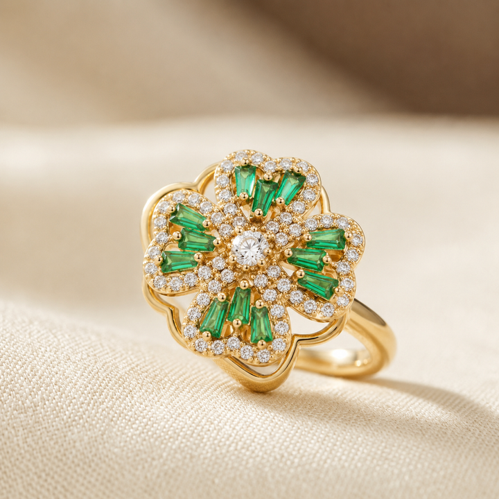 Gold Emerald Floral Ring | Amelia
