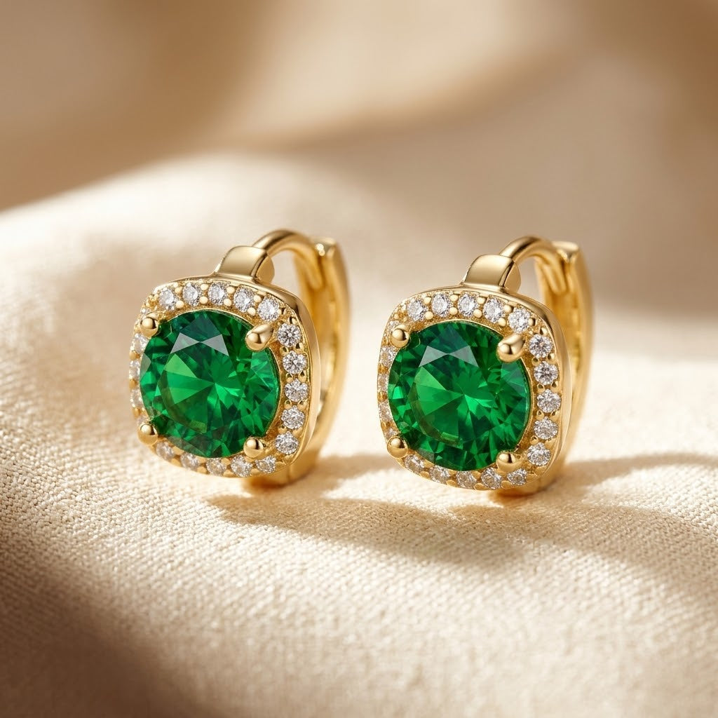 Gold Emerald Halo Hoop Earrings | Amelia
