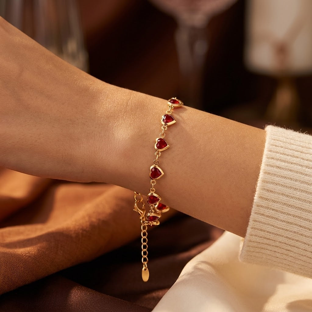 Gold Ruby Heart Chain Bracelet | Amelia