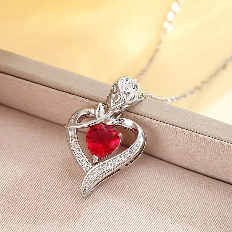 Silver Ruby Heart Pendant Necklace | Amelia