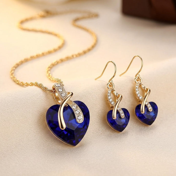 Gold Sapphire Heart Necklace and Earrings Set | Amelia