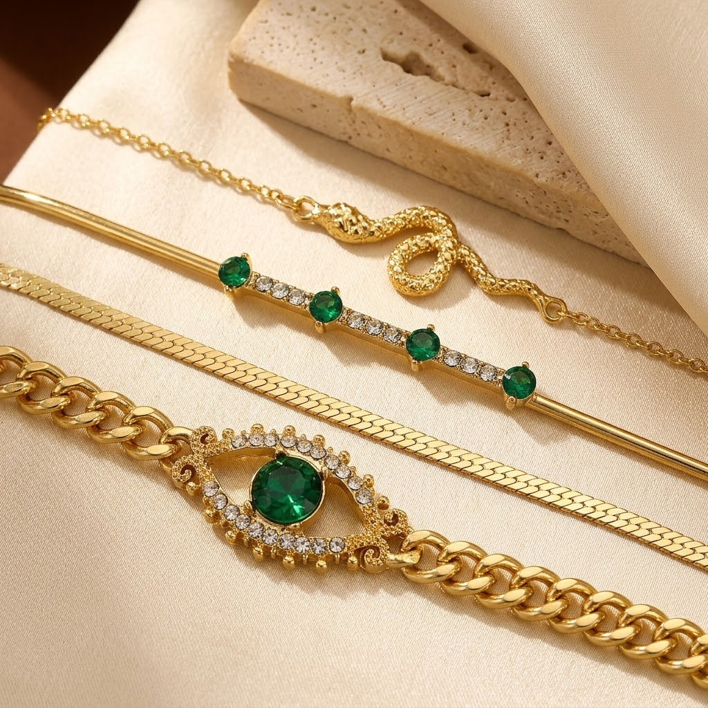 Gold Emerald Charm Bracelet Set | Amelia