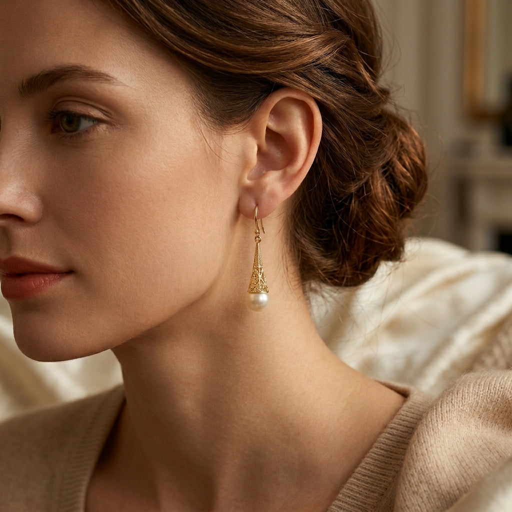 Gold Filigree Pearl Drop Earrings | Amelia