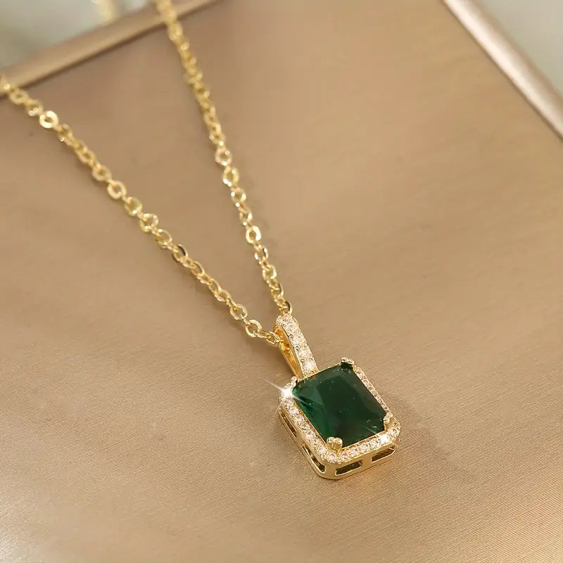 Gold Emerald Rectangular Halo Necklace | Amelia
