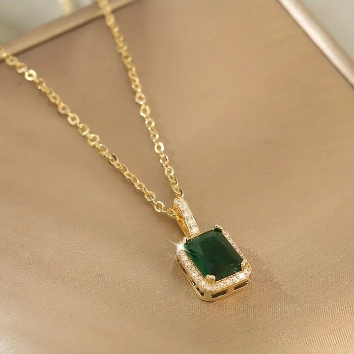 Gold Emerald Rectangular Halo Necklace | Amelia
