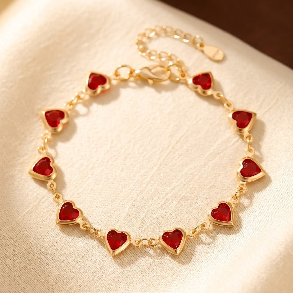 Gold Ruby Heart Chain Bracelet | Amelia