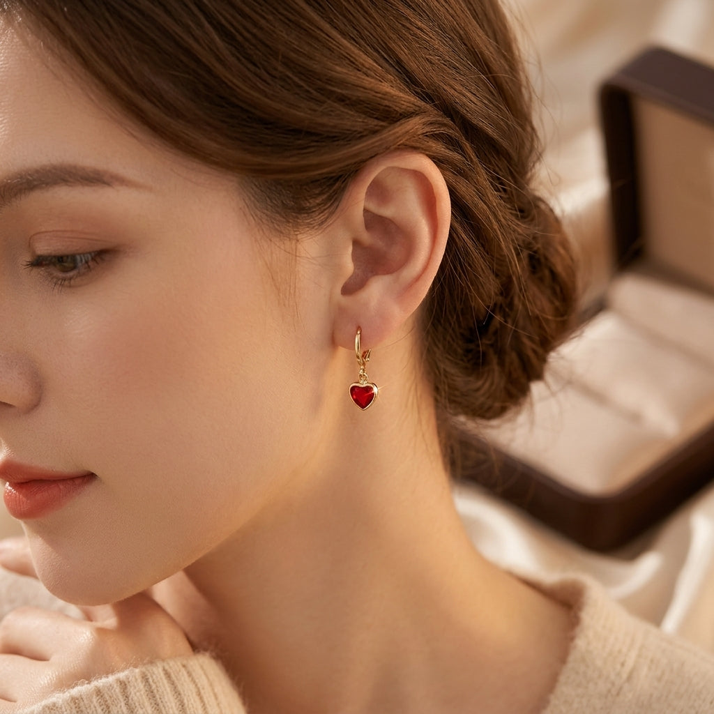 Gold Ruby Heart Drop Earrings | Amelia