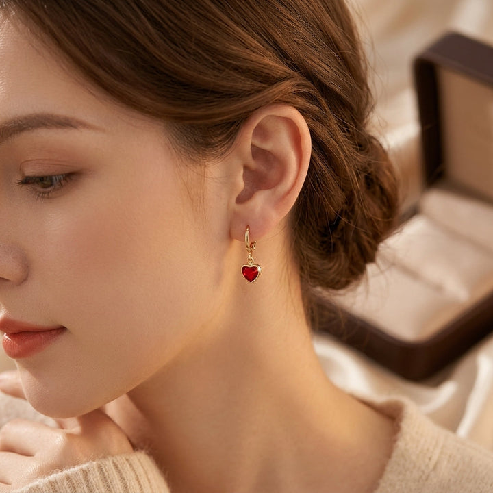 Gold Ruby Heart Drop Earrings | Amelia