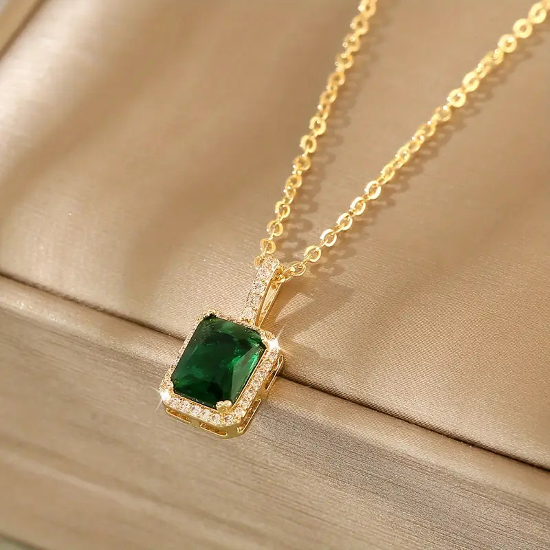 Gold Emerald Rectangular Halo Necklace | Amelia