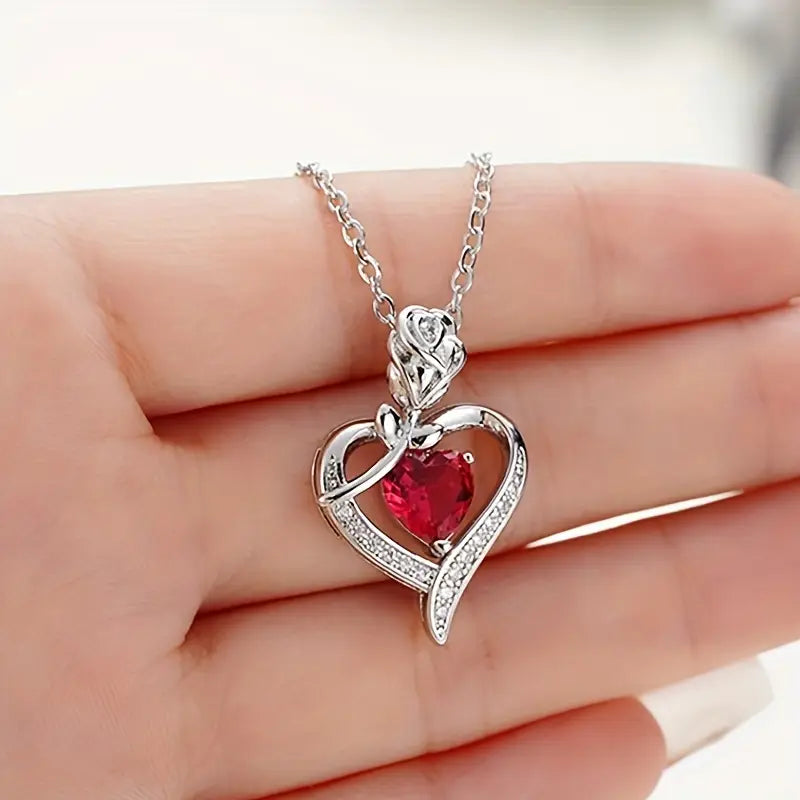 Silver Ruby Heart Pendant Necklace