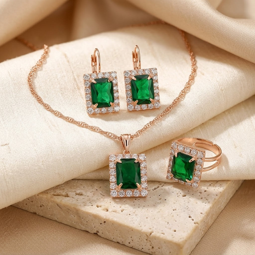 Gold Emerald Rectangular Jewelry Set | Amelia