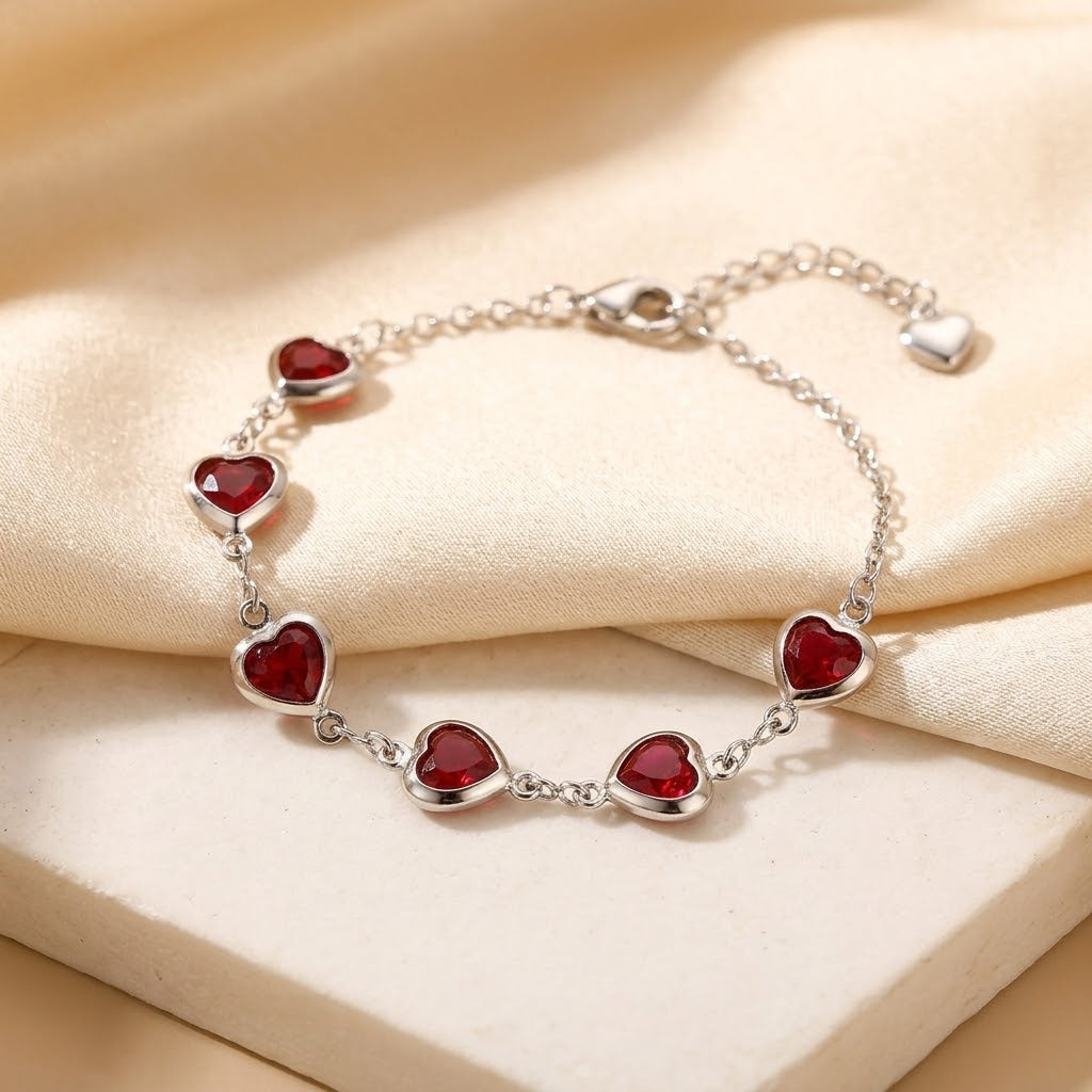 Silver Ruby Heart Chain Bracelet | Amelia