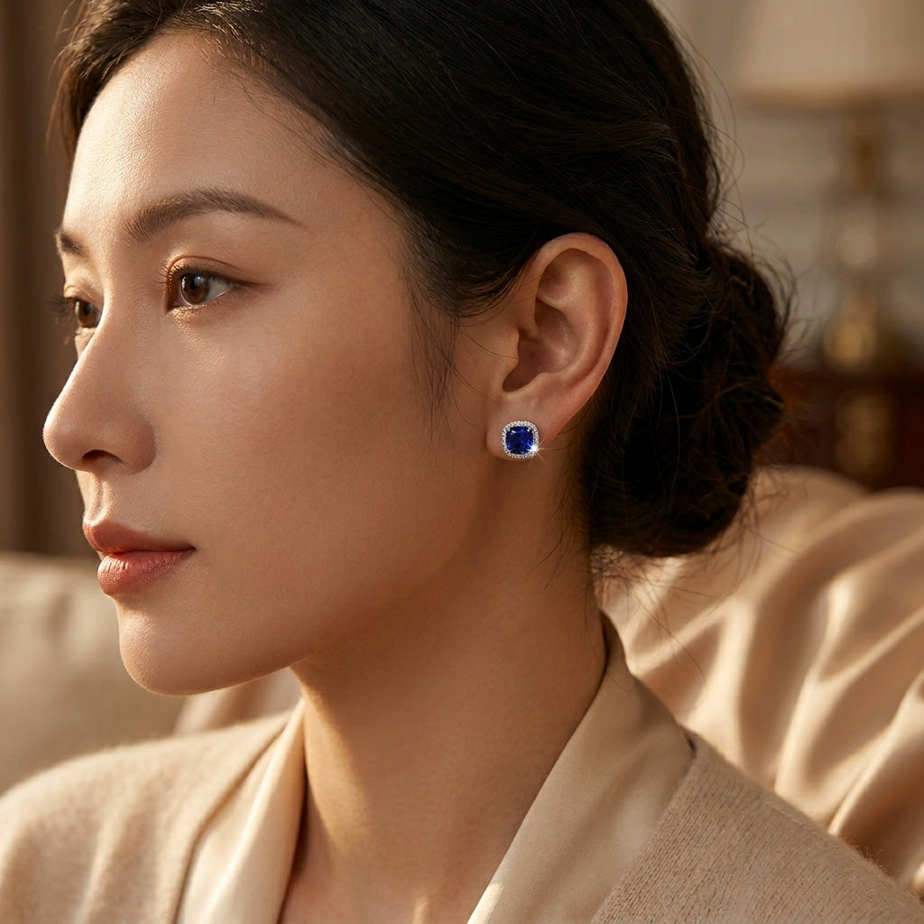 Silver Sapphire Halo Stud Earrings | Amelia