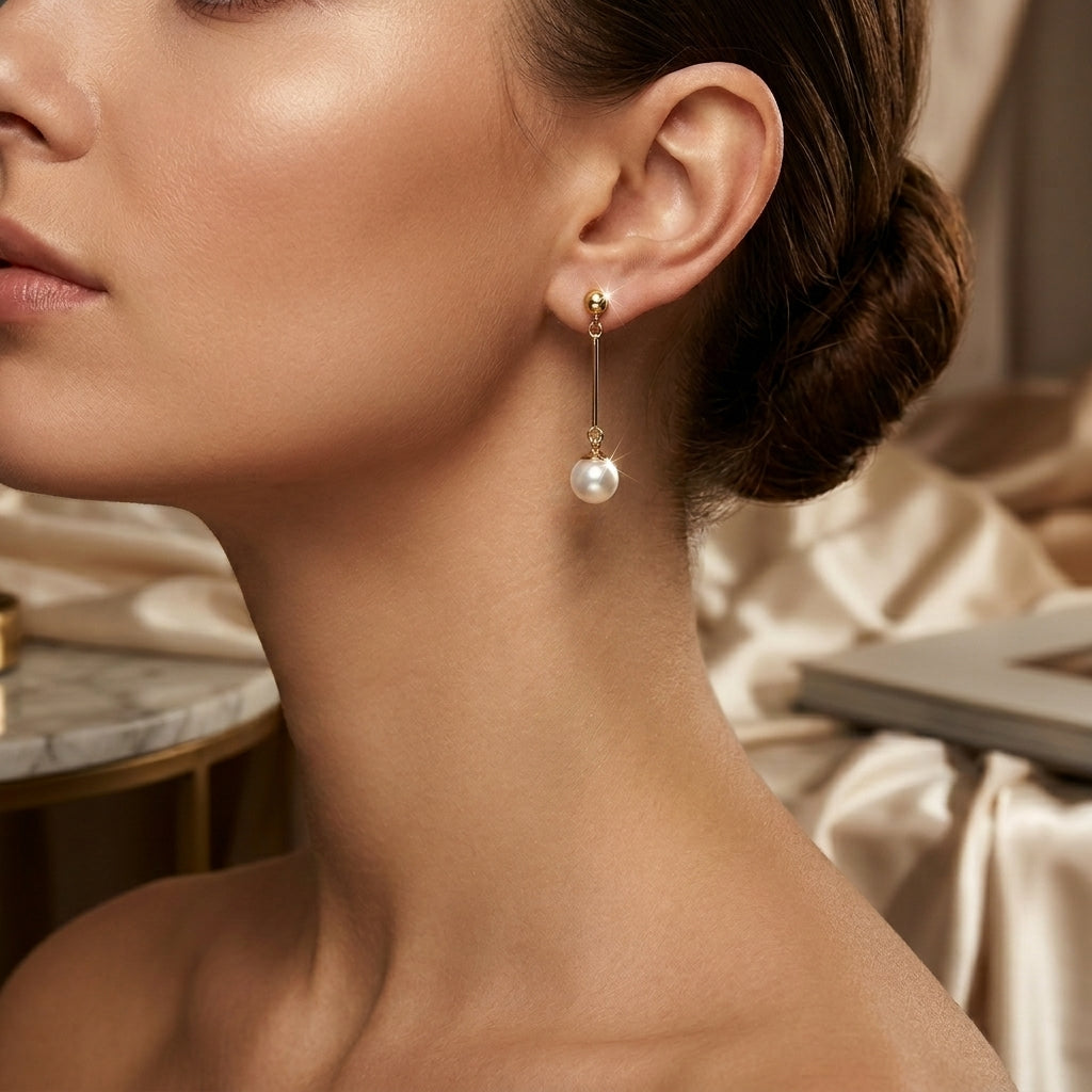 Gold Long Pearl Drop Earrings | Amelia